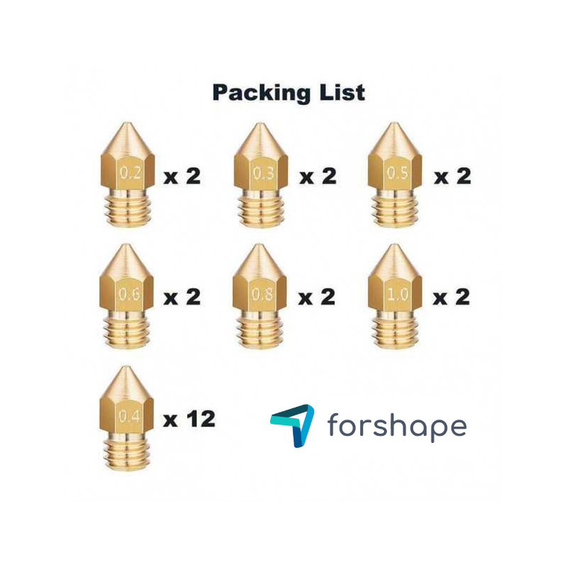 Satz von 24 Messingdüsen MK8 Forshape (2 x 0.2mm, 2 x 0.3mm, 12 x 0.4mm, 2 x 0.5mm, 2 x 0.6mm, 2 x 0.8mm, 2 x 1.0mm)