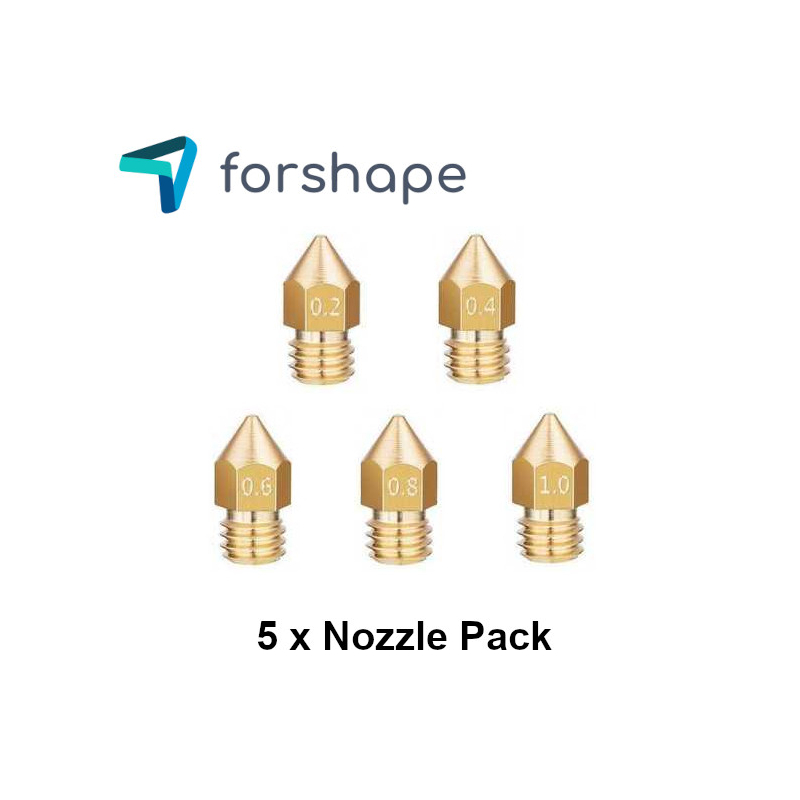 Lot von 5 Messingdüsen MK8 Forshape (0.2mm, 0.4mm, 0.6mm, 0.8mm,1.0mm)